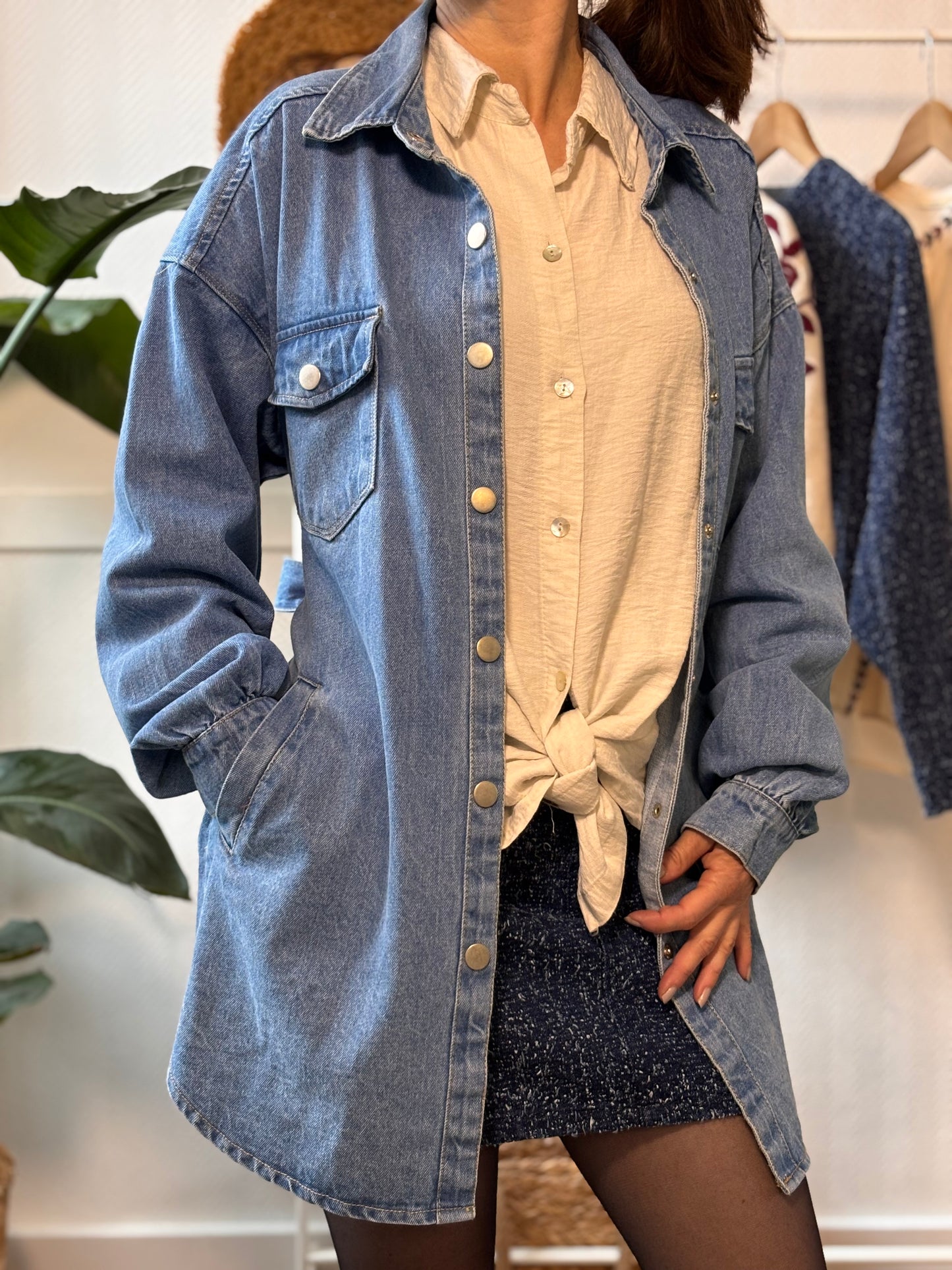 Long denim jacket with belt
