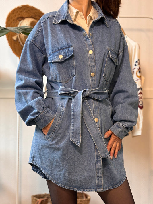 Long denim jacket with belt