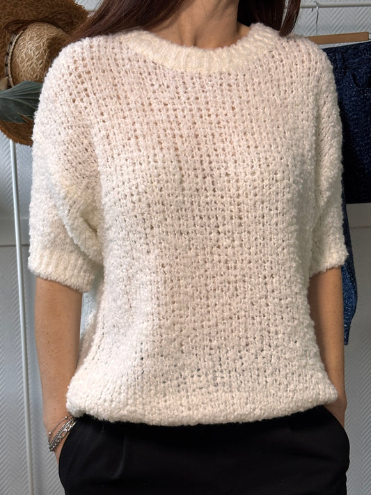 Pull manches courtes en maille bouclée
